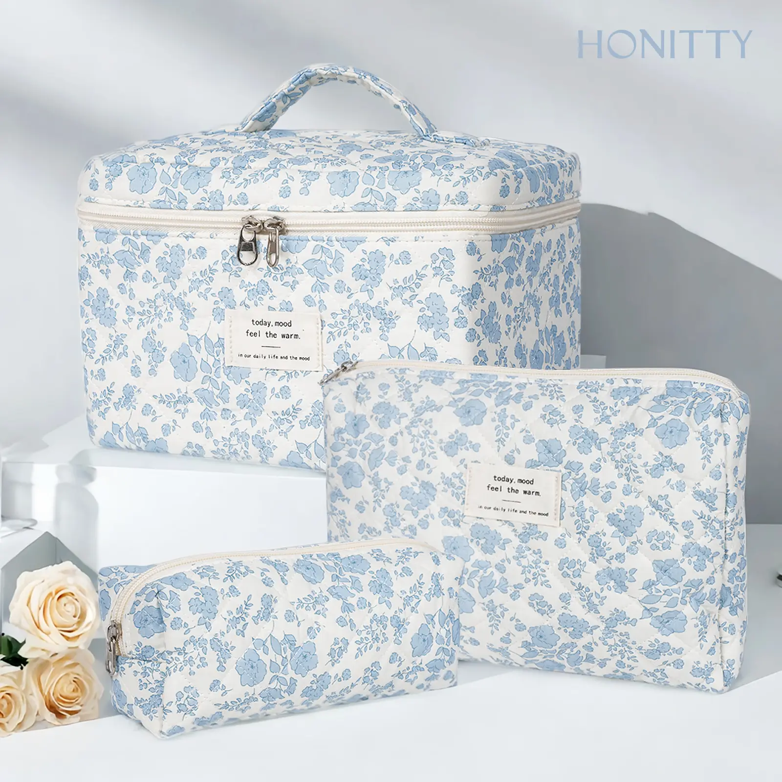 Makeup Bag, Quilted Makeup Bag,Large Floral Cosmetic Bag for Women,Cotton Makeup Bag Set,Flower Travel Toiletry Bag,vessel Springtok TikTokShopBacktoS