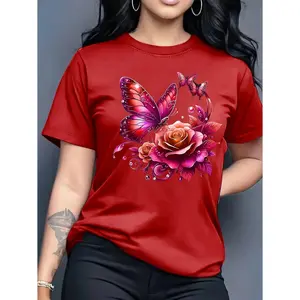 Women's Casual Butterfly & Blue Rose Print T-Shirt - 100% Cotton Loose Fit Short Sleeve Round Neck Top, Machine Washable Spring Summer Fashion Tee, Casual Attire