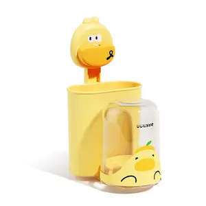 Cute Cartoon Plastic Suction Cup Toothbrush Holder Little Yellow Duck, ABS No-Drilling Wall-Mount Organizer with Toothpaste Cup, Portable Protector for Kids’ Bathroom Home Storage Essential