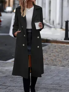 One women's black double-breasted long Trench coat-style Jackets windbreaker Loose Fit suitable for both daily work and formal events, exuding an elegant and sophisticated look.