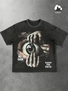 Unisex design, street style, Vintage, American retro wash-and-wear distressed Graphic horror-themed print short-sleeved T-shirt, casual, versatile round-neck T-shirt, campus, sports, back-to-school attire, Halloween costume