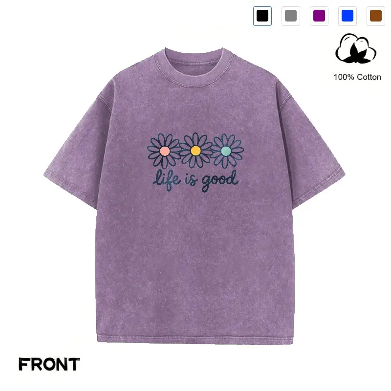 Women's Casual Short-Sleeve Tshirt Top - Purple Mineral Wash Vintage Washed Floral Daisy Graphic Fabric Shirt, Inspirational Quote Customized Everyday Beach Shirt for Anniversary Nature Lovers