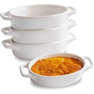 4-Pack Oval Creme Brulee Ramekins, 4 oz Mini Porcelain Souffle Dish, Oven Safe with Double Handles White