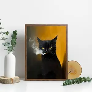 Frameless Black Cat Canvas Art- Smoking Cat Poster, Unique Wall Decor for Home and Office, Ideal Gift for Cat Lovers, Cat Decor, Portrait, Office Wall Decor, Perfect for Room Decor