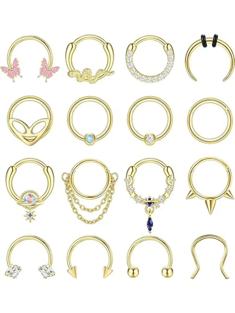 16pcs 16g Septum Rings Hoop Set, Septum Piercing Stainless Steel Dangle Jewelry for Women & Men, Punk Style Nose Ring Accessories, Nose Piercing Kit