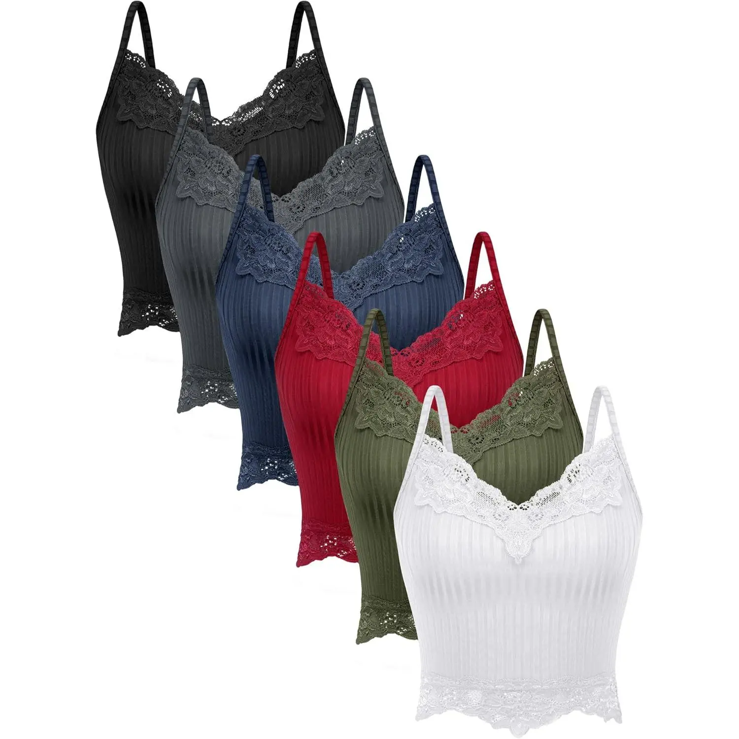 6 Pack Fairy Grunge Y2K Tops, Lace Patchwork Crop Tops Ribbed Knitted Cropped Cami Tank Top Y2K Clothing for Women Womenswear Basic Classic Colors Minimalist Sleeveless Spaghetti Strap summer tops Short
