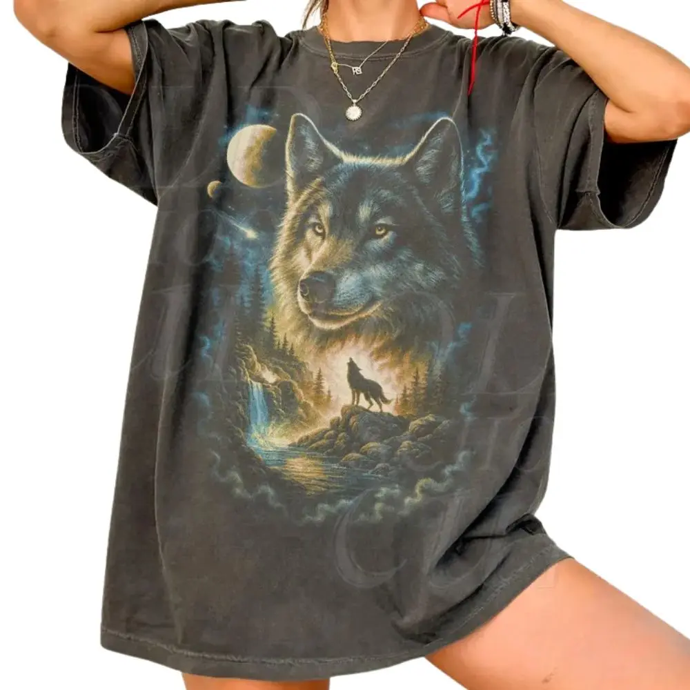 Wolf Vintage 90s Graphic Style Comfort Colors Shirt, Grunge Retro Howling Wolf Faded Shirt, Nature Galaxy Y2k Streetwear, 2000s Wolf Gift