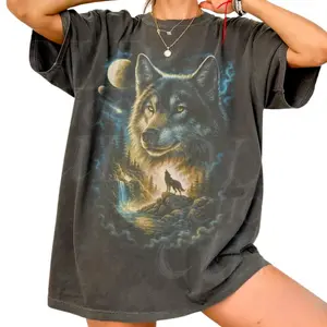 Wolf Vintage 90s Graphic Style Comfort Colors Shirt, Grunge Retro Howling Wolf Faded Shirt, Nature Galaxy Y2k Streetwear, 2000s Wolf Gift