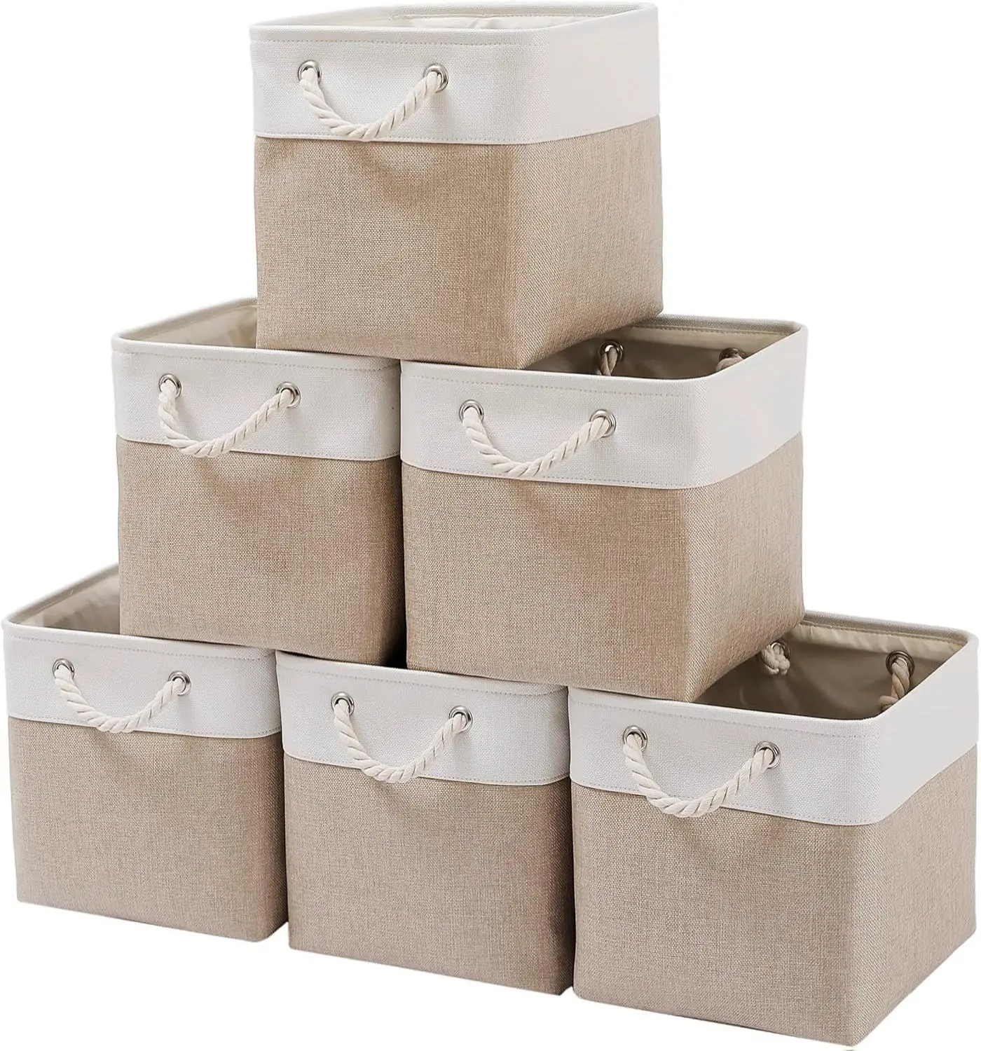 MidmmVick's 11 x 11 Inch Cube Storage Bins 6 Pack Large Collapsible Fabric Bins with Ropes Foldable for Home Office Closet Clothes Toys Organizer White & Beige