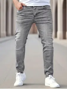 Grey Jeans for Men Slim Fit Jeans Stretch Solid Color Elastic Menswear Plain Streetwear Denim Trousers Casual Pants Pocket