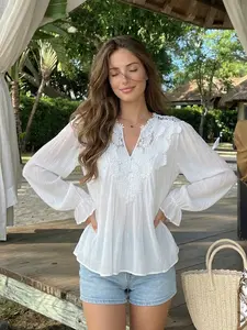 Women's Lace Patchwork Long Sleeve Shirt, Loose-Fitting Beachwear Top, Summer Vacation Style, Embroidered Travel Open Front Cardigan