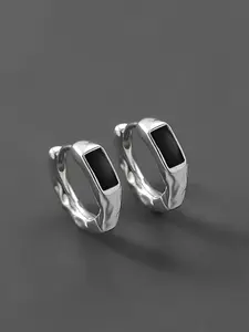 Men's Silver Color Earrings, Embedded Simple Design, Unisex Trendy Ear Rings, Twisted Silver Contrast, High-End Style, Trendy Jewelry
