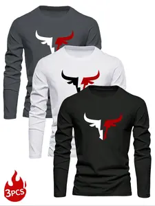 Men's Classic 3-Piece Set, Cow Head Print Long Sleeve Knit T-Shirts, Casual Fitted Tops for Spring & Fall, Versatile Bottom Layer Clothing Bull
