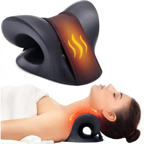 Heated Neck Stretcher Pillow with Graphene Heating Pad - Compact, Adjustable, Durable, Curved Shape, Foam Base for Heat Therapy, Neck Pain Relief, Cervical Traction, Spine Alignment (Black, Home Office Use)