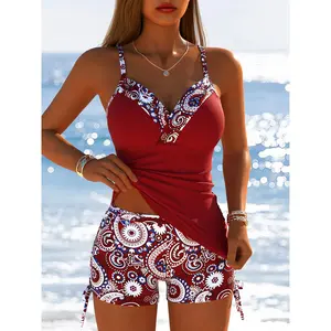 Women'S Tankini Set, New Beach Pool Party Cross Chest Half Solid Color Half Printed SexyTwo-Piece Swimsuit for Women
