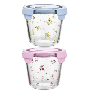 Glass Food Storage Box, 1 Count Flower Pattern Food Fruit Storage Container with Lid, Food Storage Box for Home Kitchen Office School