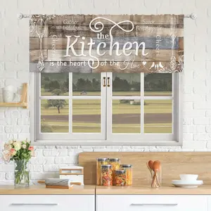 1pc Farmhouse Kitchen Valance Curtain - Rod Pocket Short Tier with Vintage Wood Print & Culinary Motifs, 100% Polyester Peach Light Beige Blackout Drapes for Kitchen, Dining Room, Cafe, Office - Machine Washable Rustic Home Decor, Kitchen Curtains Divider