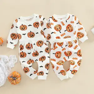 Baby Halloween Outfit Girl Boy Pumpkin Ghost Long Sleeve Crewneck Shirt Top and Pants Set Cute Fall Winter Clothes