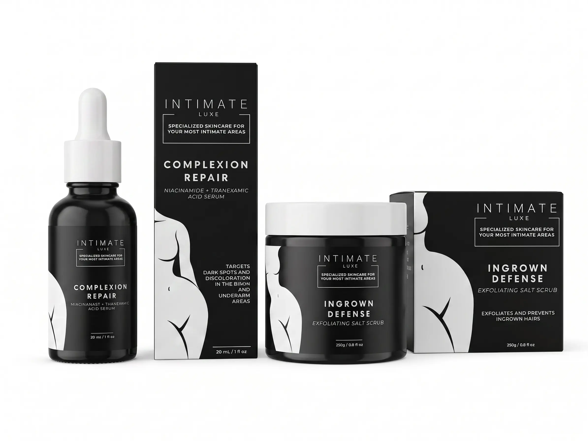 Intimate Luxe Brightening Care Bundle | Complexion Repair Serum + Ingrown Defense Scrub | Dark Spot, Uneven Tone & Ingrown Hair Care for Bikini Line & Underarms