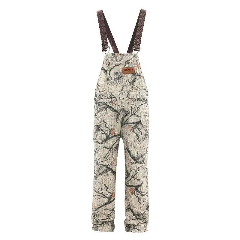 NewAmerican retro branch and leaf camouflage overalls for men and women, loose wide-leg straight casual one-piece overalls Cotton Menswear Pocket Fitted Knitted Mid Stylish Pants