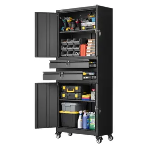 【Father's Day Gift】VEVOR All Steel Rolling Metal Storage Cabinet with Wheels, 75" Tall, 180 lbs Shelf Load Capacity, 4 Locking Doors, Adjustable Shelves, Dual Drawer Cabinets for Garage, Office, All Steel Cabinets