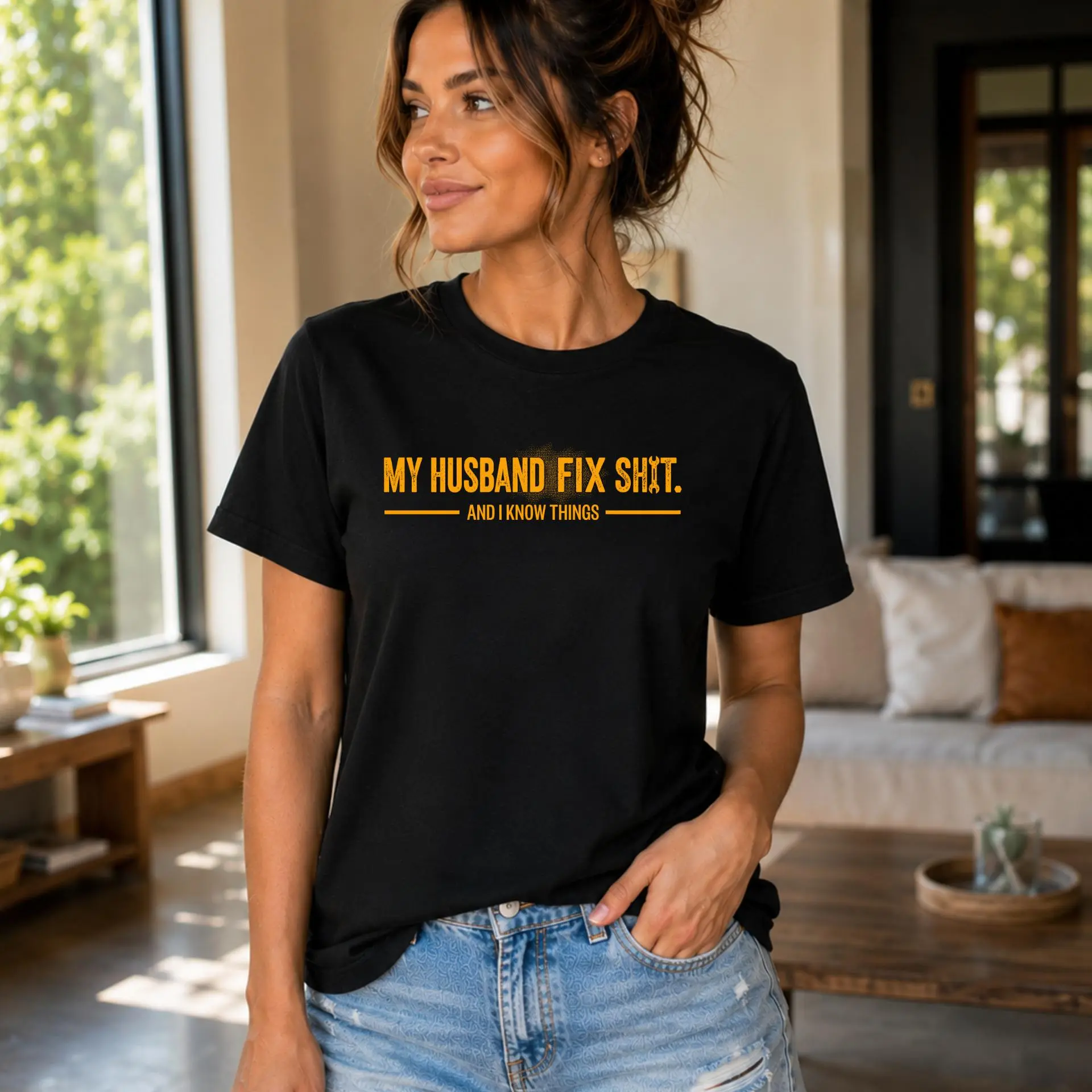 “My Husband Fix Sh1t Shirt – Wife Humor Tee, Wife Approved Gift, Black Casual T-Shirt, blue collar,Husban Mechanic Tee