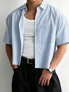Men's Loose Fit Striped Short Sleeve Shirt, Casual Button Shirt, Casual Collared Summer Top, Vintage Street Style, All Seasons Wear, Plaid Pattern, Menswear