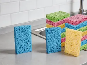 24-pack compressed cellulose kitchen sponges. Biodegradable, non-scratch for dish cleaning. Colorful DIY design also suitable for kids.