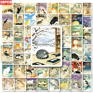56pcs Japanese-style Ukiyo-e themed cat garden cherry blossom stickers, Car Decals, suitable for scrapbooks, diaries, laptops, water bottles, cars, etc. A gift with a positive message and based on a belief-based design.