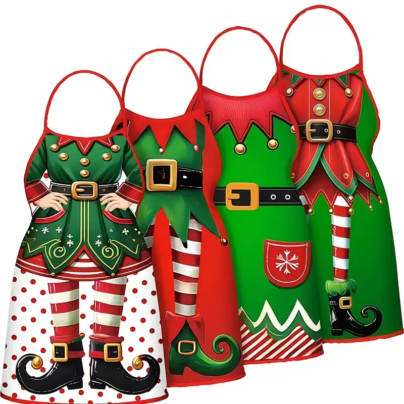 Christmas 4-Piece Apron Set, 20.5x28.35 in Santa & Elf Style, Home Supplies for Chefs