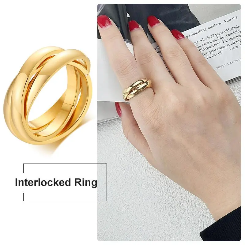Jewelry - Charm Women Rings Triple Interlocked Rolling Ring Stainless Steel Gold Color Christmas Jewelry