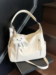 Cute cloud pendant canvas bag, multiple zipper pockets, casual one-shoulder large-capacity tote bag, simple and lightweight for daily commuting, suitable for college students to go to class, office workers to commute, etc., Crossbody Tote Bag