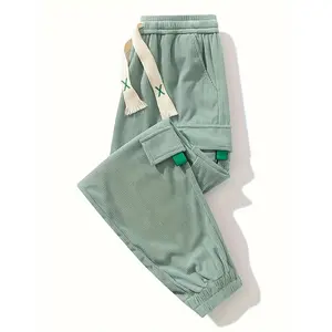 Men's Light Green Corduroy Cargo Pants with White Drawstring Waist - Durable Polyester, Multi-Pocket Design for Casual Wear, All Seasons