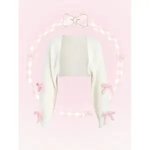 Women's Cute And Kawaii White Long Sleeve Cardigan With Pink Bow-Tie.,Long Sleeve Tops Fall Winter Cloth For Women Fabric Fit