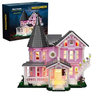 HGEOAI 1349Pcs Classic Halloween Pink Mansion Building Set with LED Lighting, Pink Palace Building Blocks Set, Providing Perfect Halloween and Christmas Toys and Gifts for Fans and Children Playhouse