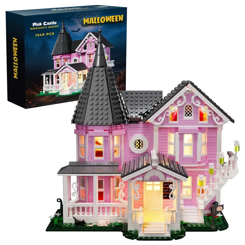 HGEOAI 1349Pcs Classic Halloween Pink Mansion Building Set with LED Lighting, Pink Palace Building Blocks Set, Providing Perfect Halloween and Christmas Toys and Gifts for Fans and Children Playhouse House Building Kit Building Block Sets