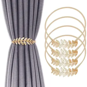 4Pack Curtain Tiebacks Aluminum Alloy Spring Design Curtain Holdback Leaf Carving Design Curtain Ties for Drapes Curtain Ties Backs Curtain Modern Style Curtain Holdback Decor(Gold Leaf)