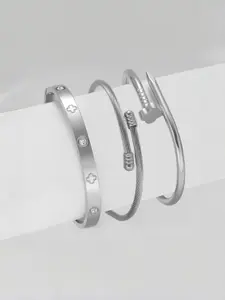 3pcs Fashion High-Quality Stainless Steel Flower Zircon Silver Color Bracelet Set, Unisex Daily Wear and Matching Stainless Steel Bracelets