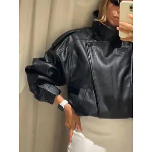 Fashion black leather jacket women's clothing autumn and winter new loose casual jacket leather motorcycle jacket women's topGift