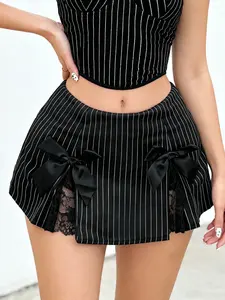 A women's sexy Y2K-style short trim skirt for summer, featuring black stripes, double bows and lace details