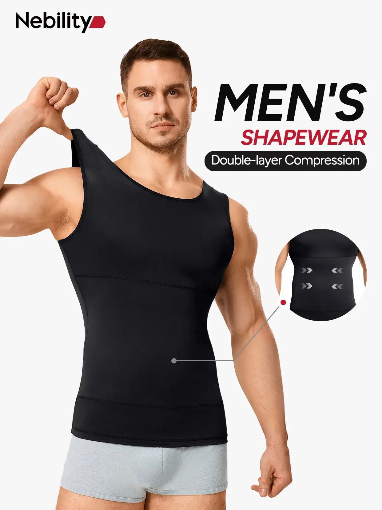 【Nebility】 Men's Basic Compression Shapewear Vest - Menswear Silky Soft Stylish Crew Neck Gymclothing Tanktop , Waist Back and Chest Tightening