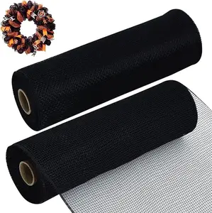 2 Rolls 10 Inch Black Decorative Mesh Ribbbon Rolls, Fabric Mesh for Mesh Wreath Supplies, Front Door Wreath Crafts Tree Decor Christmas NewYears Halloween Decoration (10 yds/roll)