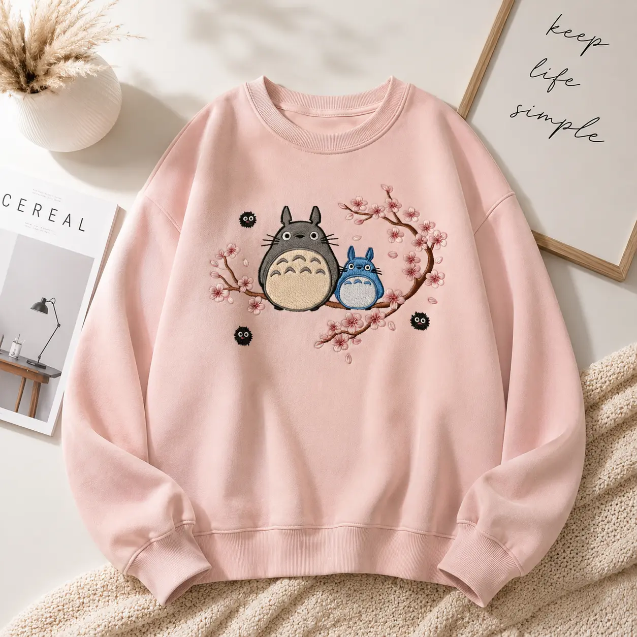 Totoro Embroidered Sweatshirt, Cherry Blossom Crewneck, Ghibli Inspired Anime Sweatshirt, Cute Gift for Totoro Fans