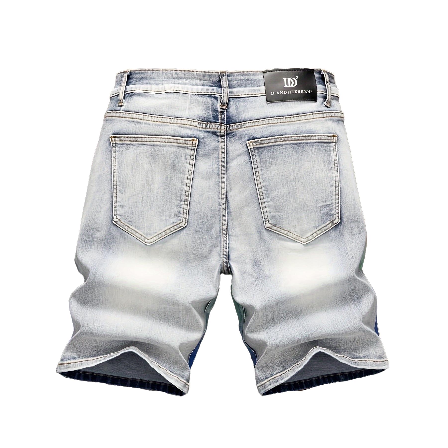 Men’s summer straight-leg blue distressed denim shorts with European/American fashion prints
