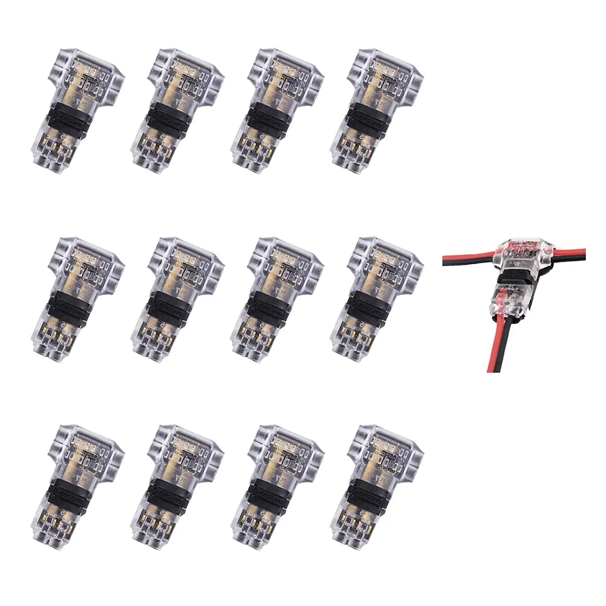 Low  Wire Connector, Quick Solderless Wire Splice Connector, 12 Pack T Tap Wire Connectors, No Stripping Speaker Wire Splice, Fits 24-20 AWG Stranded/Solid Electrical Wires, T Type 2 Pin