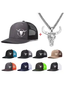 2PCS/Set (hat+necklace) men's bullhead print, Gothic, Outdoor sports, Graphic trucker baseball cap Adjustable unisex, can be used as a gift for parties, outdoor activities