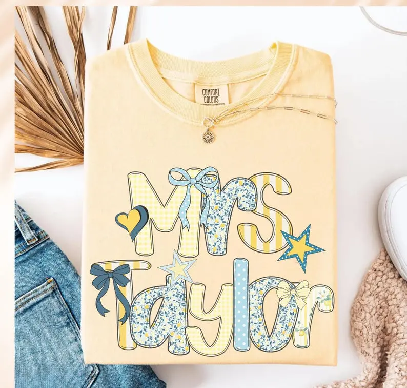 Custom Comfort Colors Teacher Name Shirt, Personalized Name Teacher Gift, Back to School Teacher T-Shirt, First Day New Teacher Name Tee Kinder Team Shirts