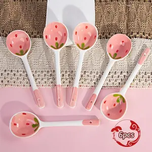 4/8-Piece Strawberry Cartoon Ceramic Spoon Set - Cute Kitchen Tableware for Coffee Tea Yogurt Ice Cream & Desserts Home Cutlery