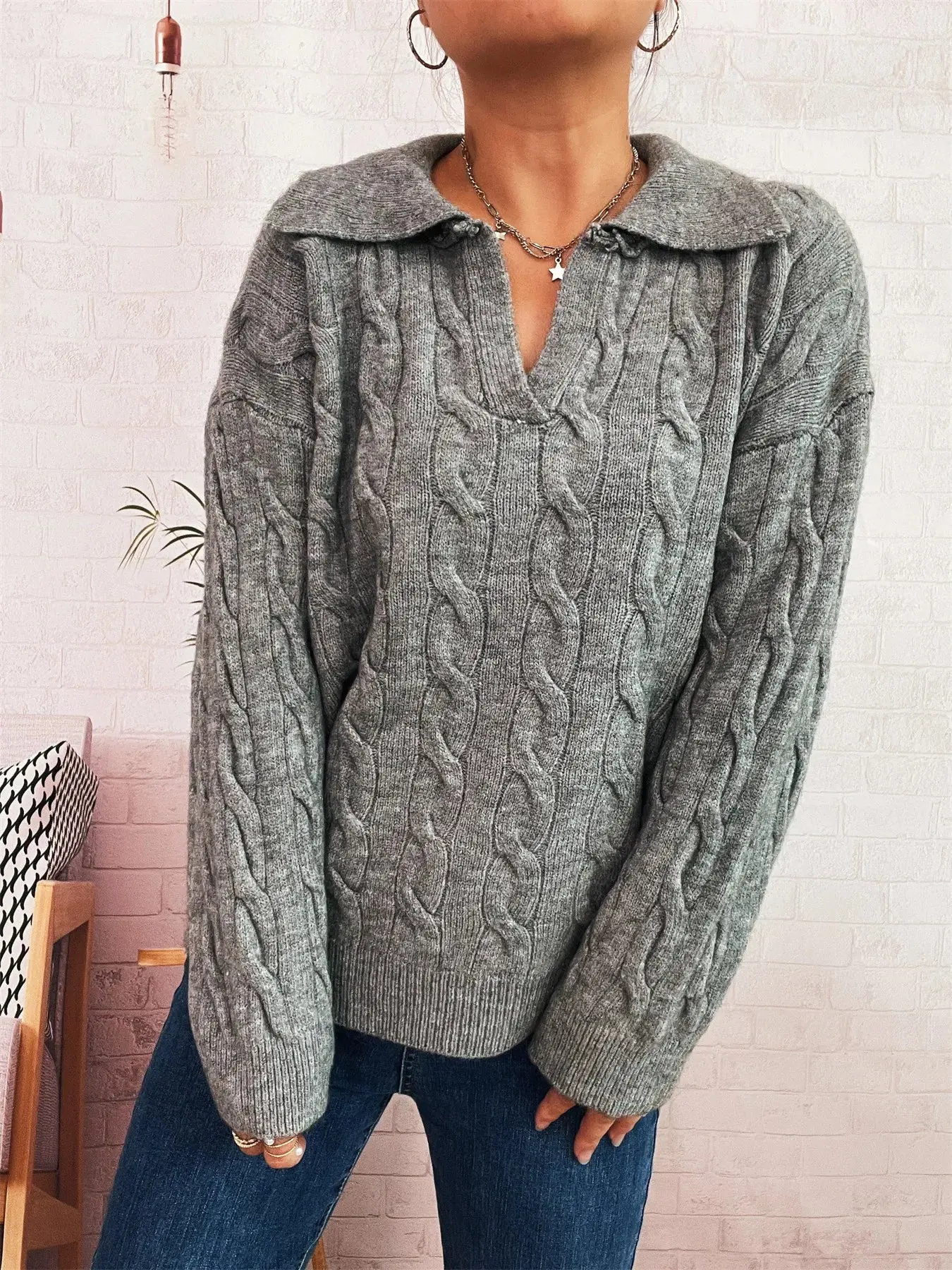 Cable Knit Johnny Collar Sweater