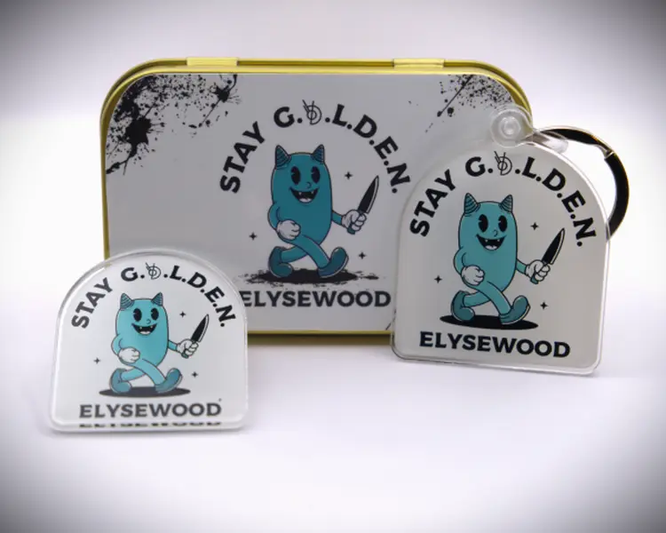 Elysewood - Stay G.O.L.D.E.N. Tin Kit - Acrylic Pin and Keychain Set - Reusable Tin Kit